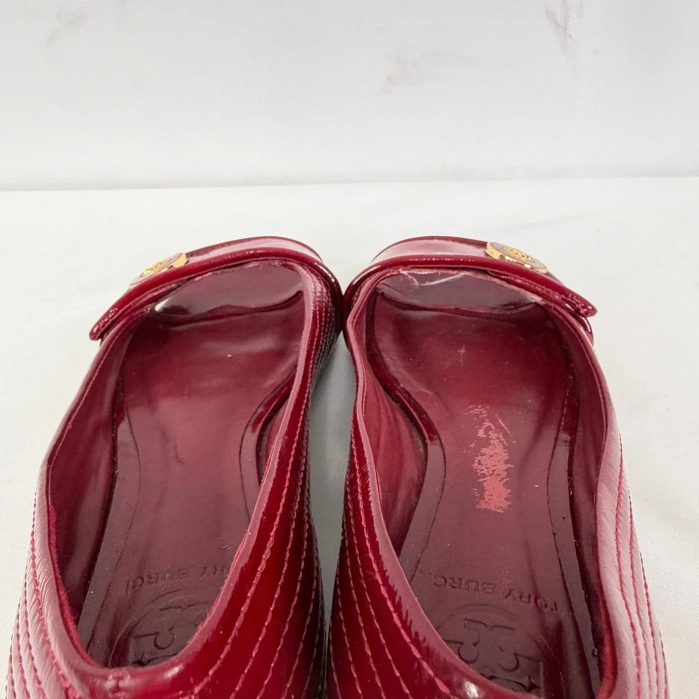 Tory Burch Red Patent Leather Quilted Open Toe Logo Medallion Flats Shoes